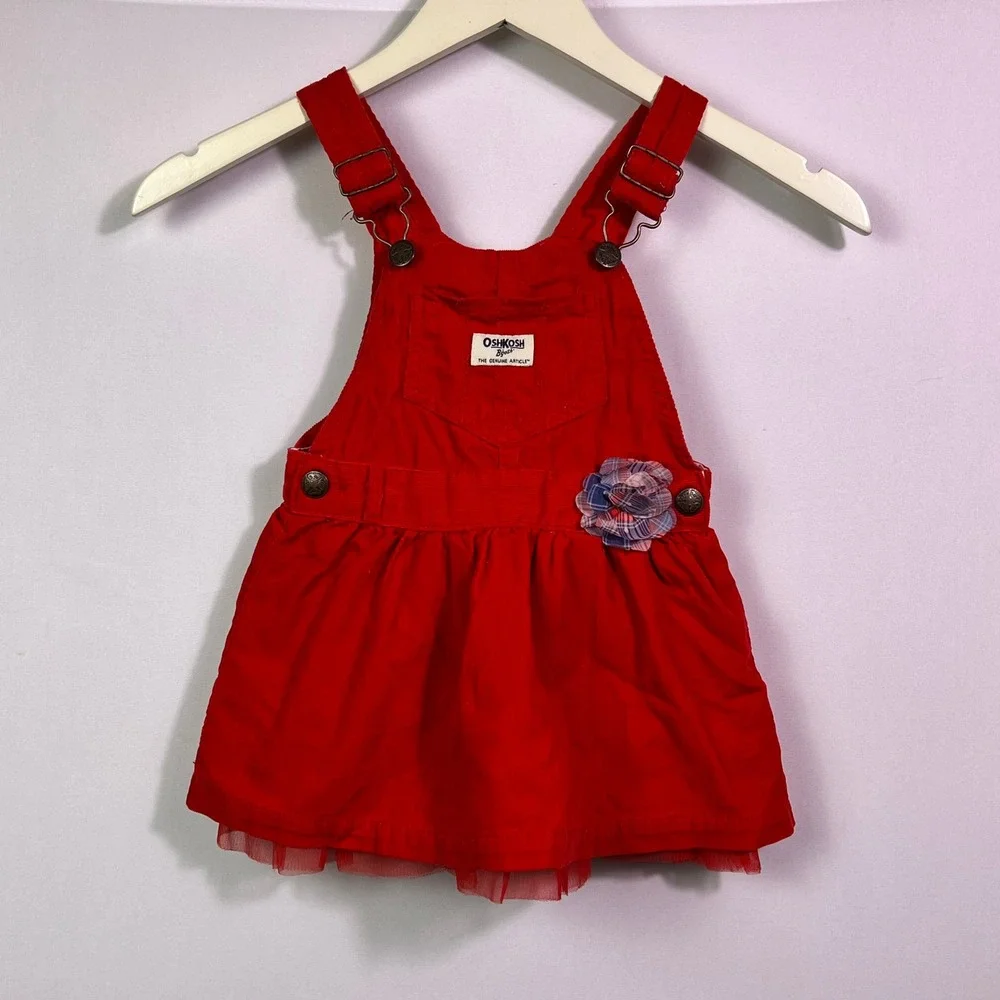 OshKosh Bgosh Girls Red Corduroy Overall Jumper Dress Tulle Trim 2T Vestbak